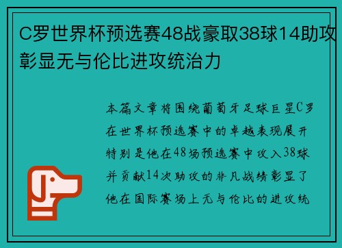 C罗世界杯预选赛48战豪取38球14助攻彰显无与伦比进攻统治力
