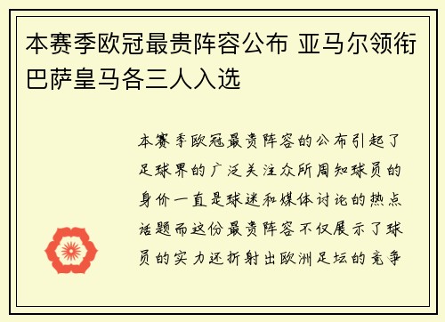 本赛季欧冠最贵阵容公布 亚马尔领衔巴萨皇马各三人入选